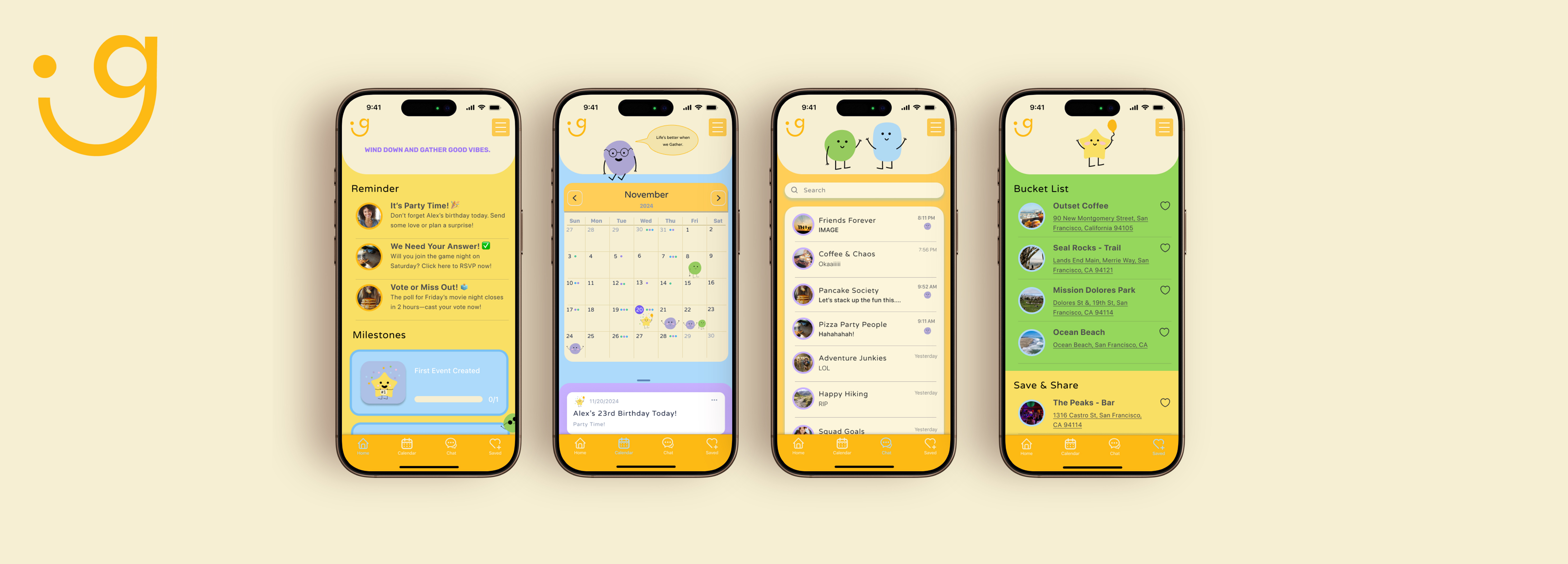 A .g logo on the top left, in the center four screen of a Prototype app for the gather app, showcasing the Home Screen, CAlendar Screen, Chat screen and Saved for the bucket list screen.